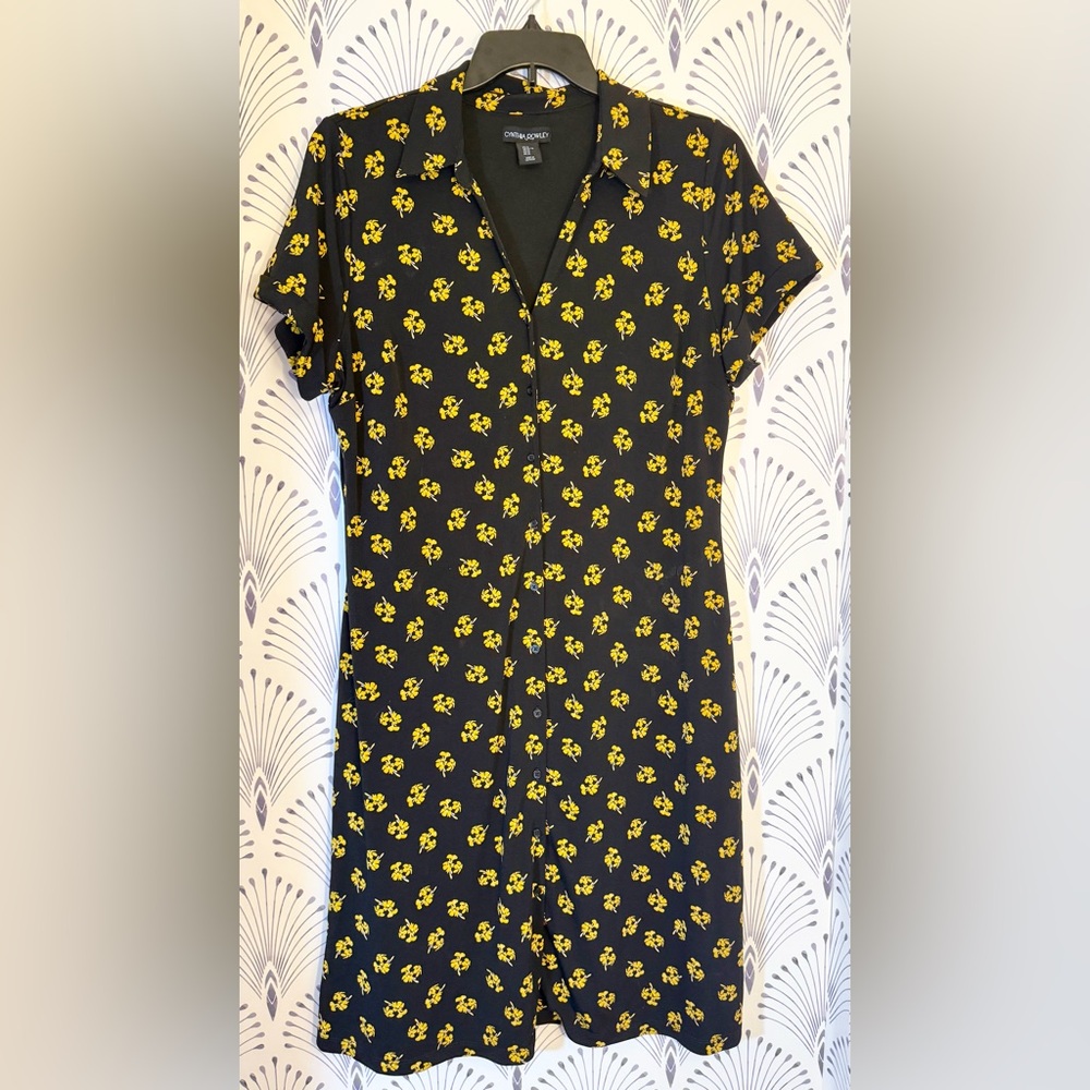 Cynthia Rowley Black and Yellow Floral Dress lined size XL